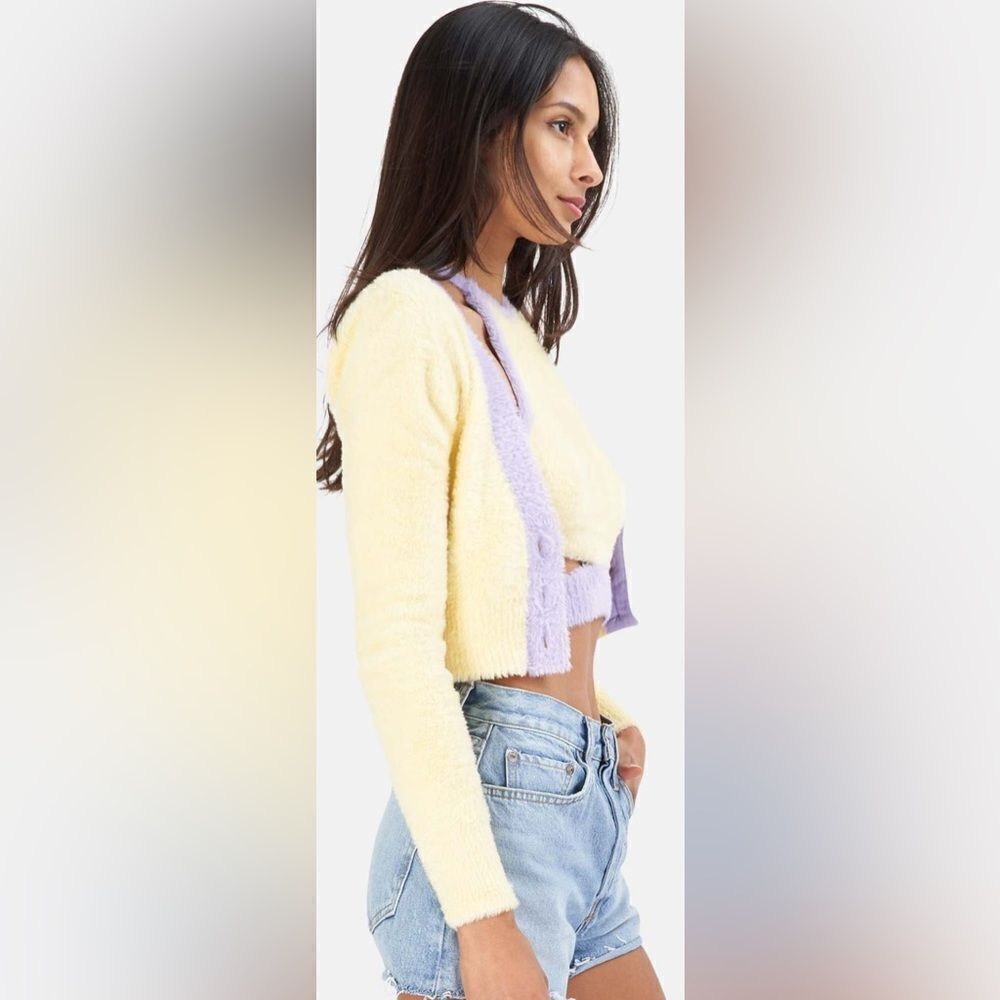 NWT For Love & Lemons Women’s Stella Yellow Purple Cropped Cardigan Sweater - L - Picture 7 of 10